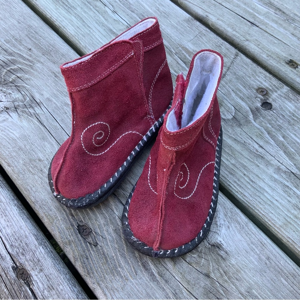 Suede Leather Stitched Red Kids Boots